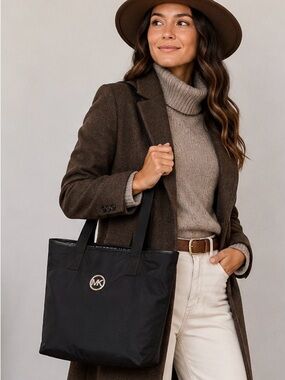 Michael Kors Reversible Nylon Tote Bag Black Logo Print Large Travel Everyday